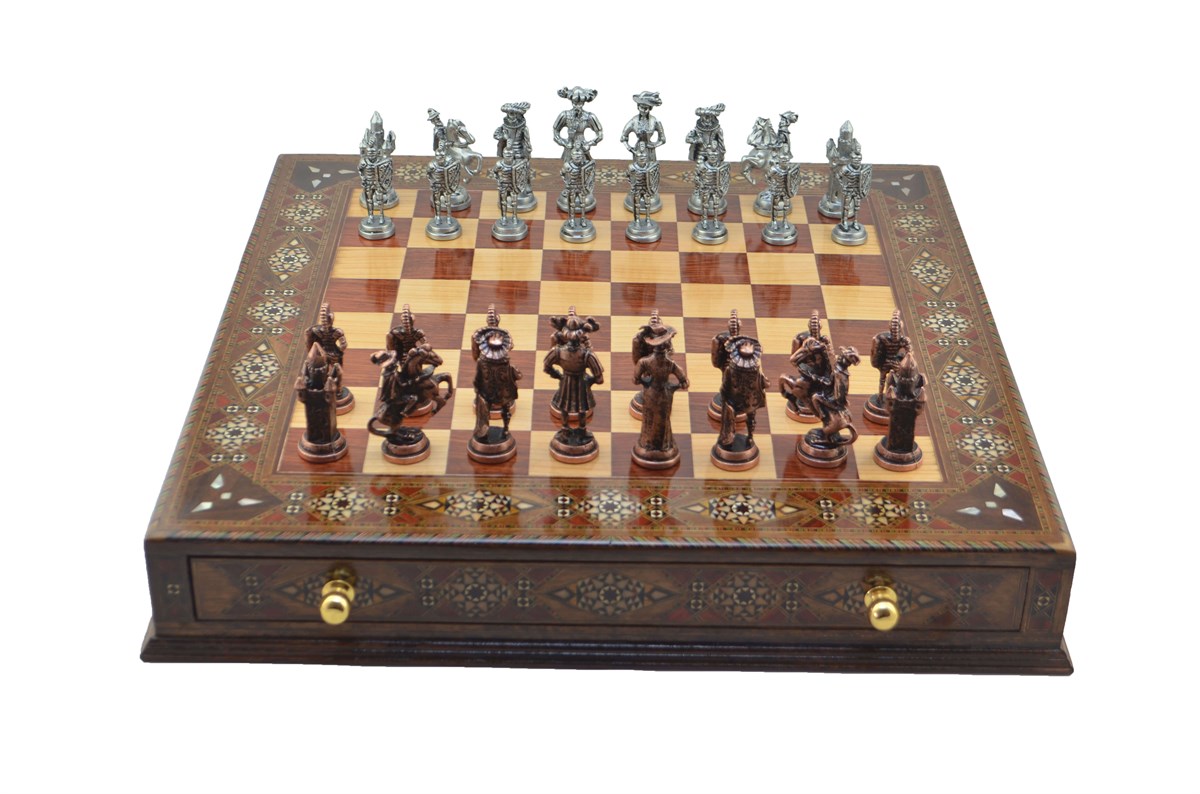 Gifthome Metal Satranç Takımı/Seti;Battal,İspanyol,Antik,Sedefli,Ceviz ,Çekm. Satranç Tahtası 