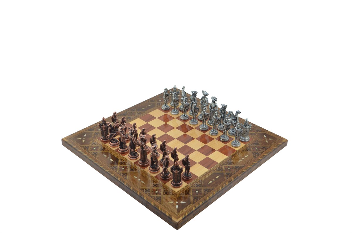 Gifthome Metal Satranç Takımı/Seti;Battal,İspanyol,Antik ve Sedefli,Gül Düz Masif Satranç Tahtası