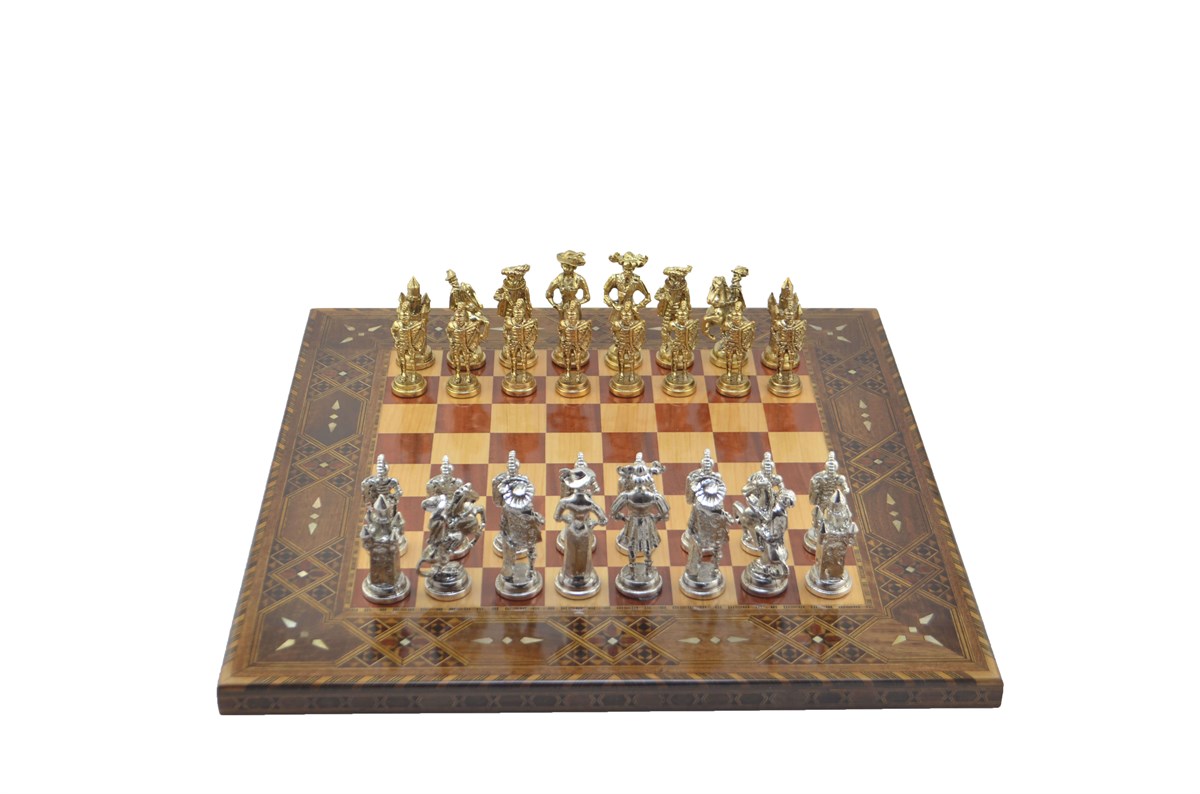 Gifthome Metal Satranç Takımı/Seti;Battal,İspanyol,Parlak ve Sedefli,Gül Düz Masif Satranç Tahtası