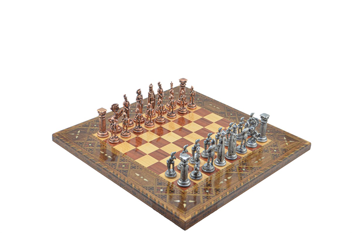 Gifthome Metal Satranç Takımı/Seti;Battal,İngiliz,Antik,Sedefli,Gül, Düz Masif Satranç Tahtası