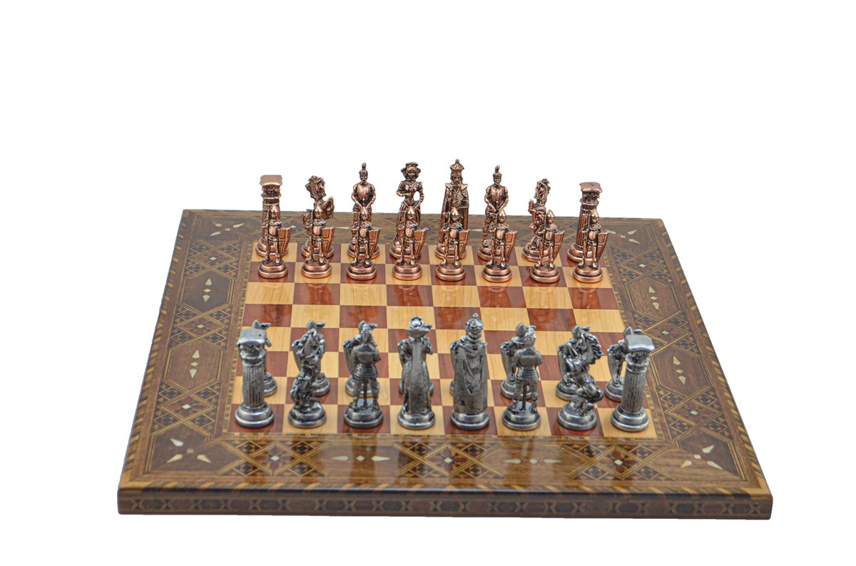 Gifthome Metal Satranç Takımı/Seti;Battal,İngiliz,Antik,Sedefli,Gül, Düz Masif Satranç Tahtası