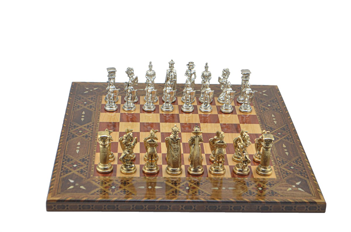 Gifthome Metal Satranç Takımı/Seti;Battal,İngiliz,Parlak,Sedefli,Gül, Düz Masif Satranç Tahtası