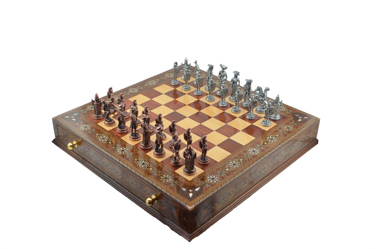 Gifthome Metal Satranç Takımı/Seti;Battal,İspanyol,Antik,Sedefli,Ceviz ,Çekm. Satranç Tahtası 