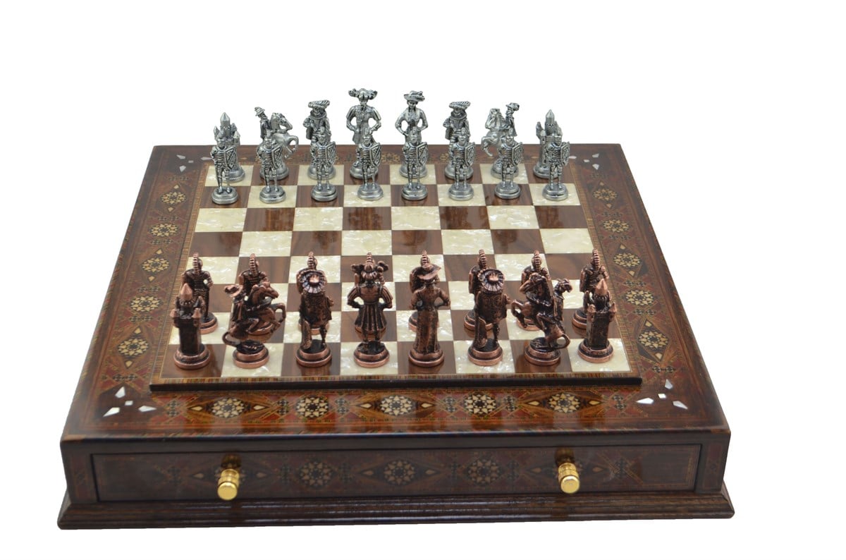 Gifthome Metal Satranç Takımı/Seti;Battal,İspanyol,Antik,Sedefli,K.Ceviz ,Çekm. Satranç Tahtası 