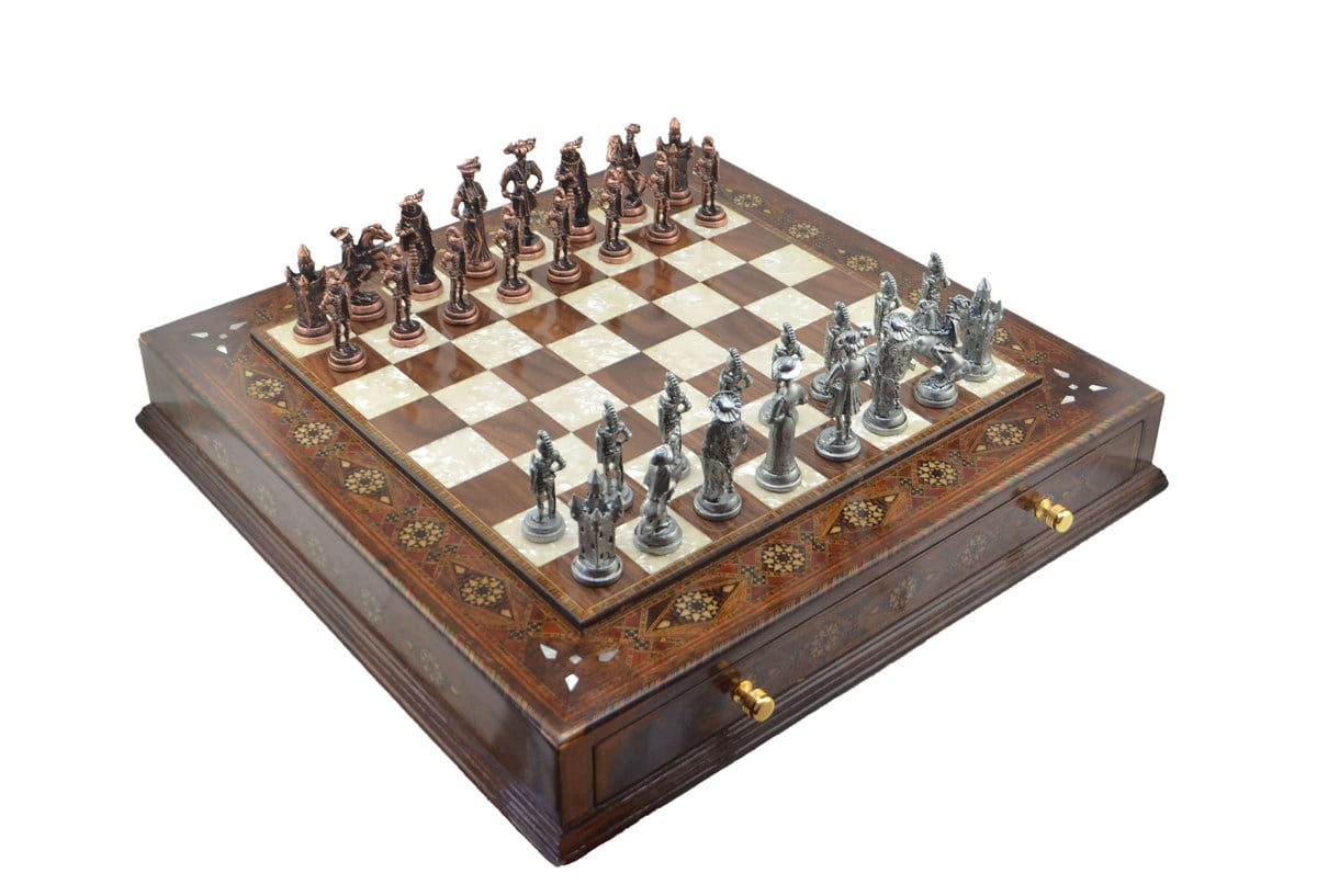 Gifthome Metal Satranç Takımı/Seti;Battal,İspanyol,Antik,Sedefli,K.Ceviz ,Çekm. Satranç Tahtası 