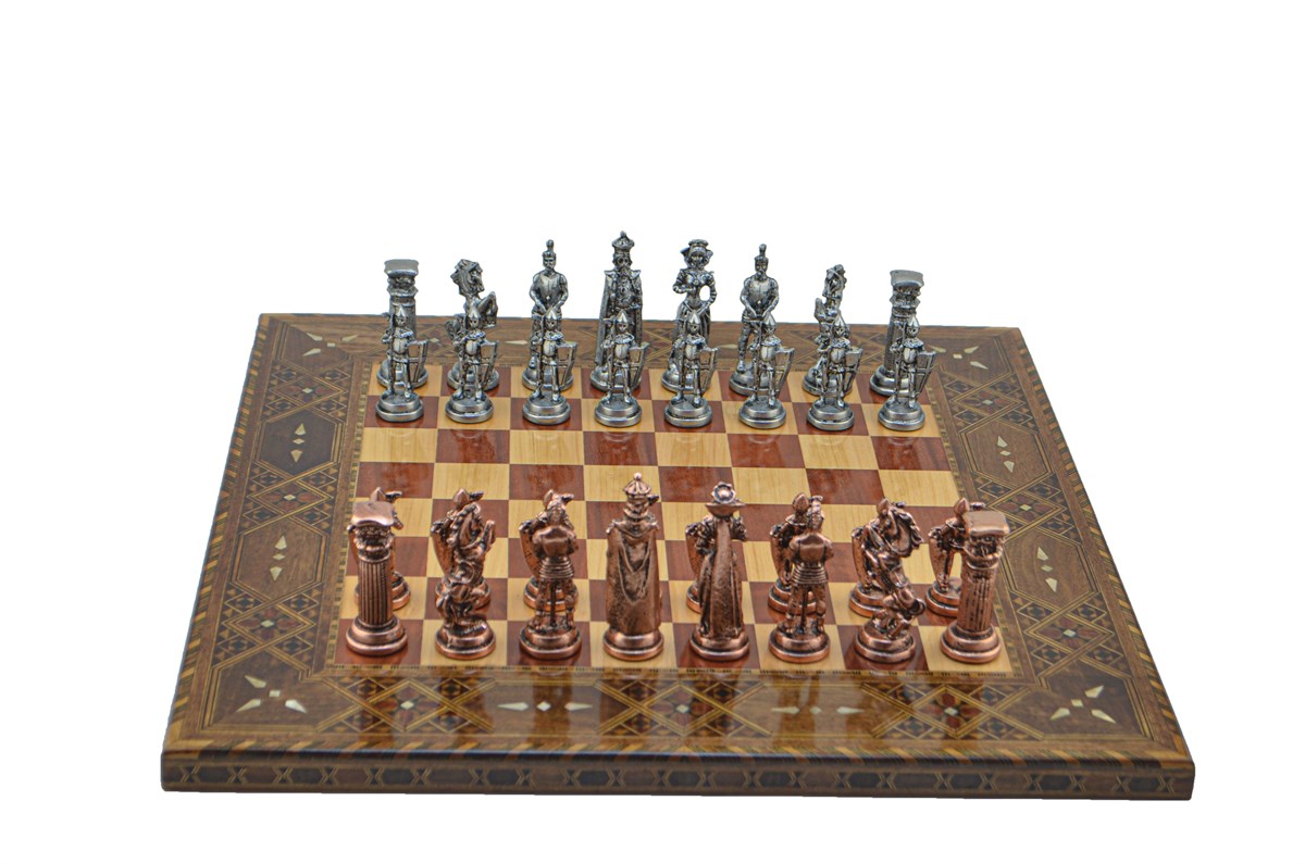 Gifthome Metal Satranç Takımı/Seti;Battal,İngiliz,Antik,Sedefli,Gül, Düz Masif Satranç Tahtası