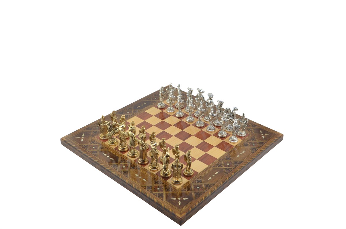 Gifthome Metal Satranç Takımı/Seti;Battal,İspanyol,Parlak ve Sedefli,Gül Düz Masif Satranç Tahtası