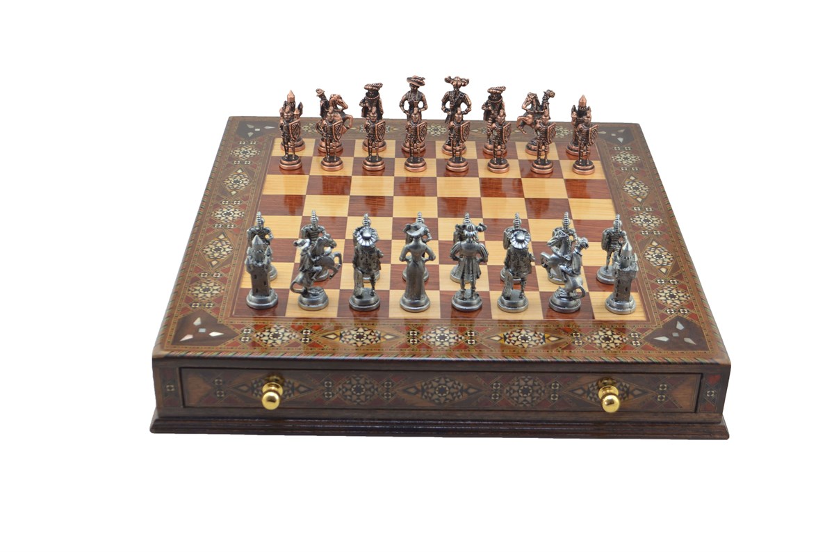 Gifthome Metal Satranç Takımı/Seti;Battal,İspanyol,Antik,Sedefli,Ceviz ,Çekm. Satranç Tahtası 
