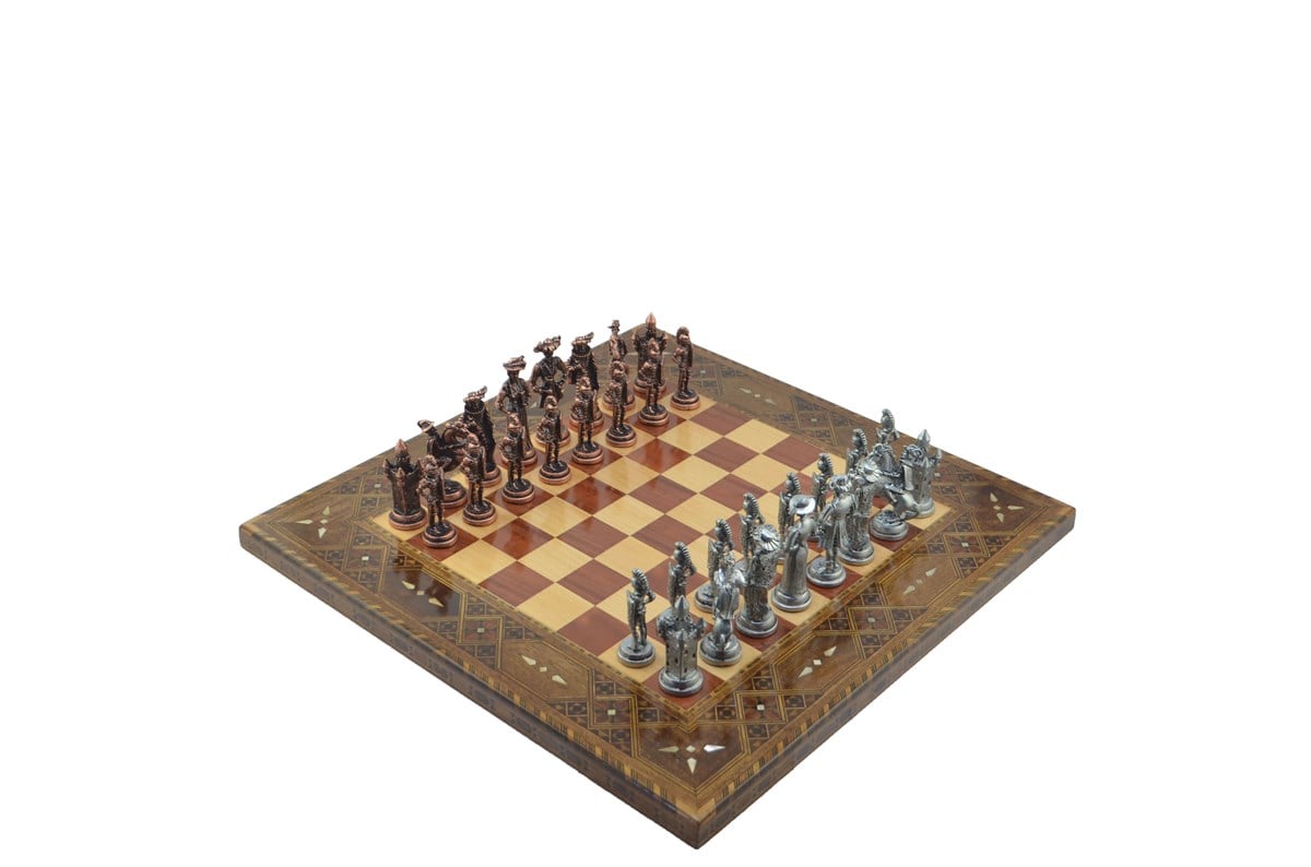 Gifthome Metal Satranç Takımı/Seti;Battal,İspanyol,Antik ve Sedefli,Gül Düz Masif Satranç Tahtası