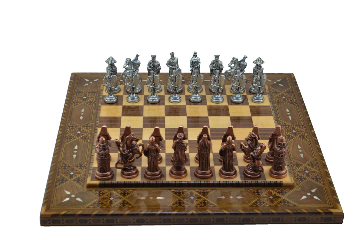 Gifthome Metal Satranç Takımı/Seti;Battal,Osmanlı&Bizans,Antik,Sedefli,Düz Masif Satranç Tahtası