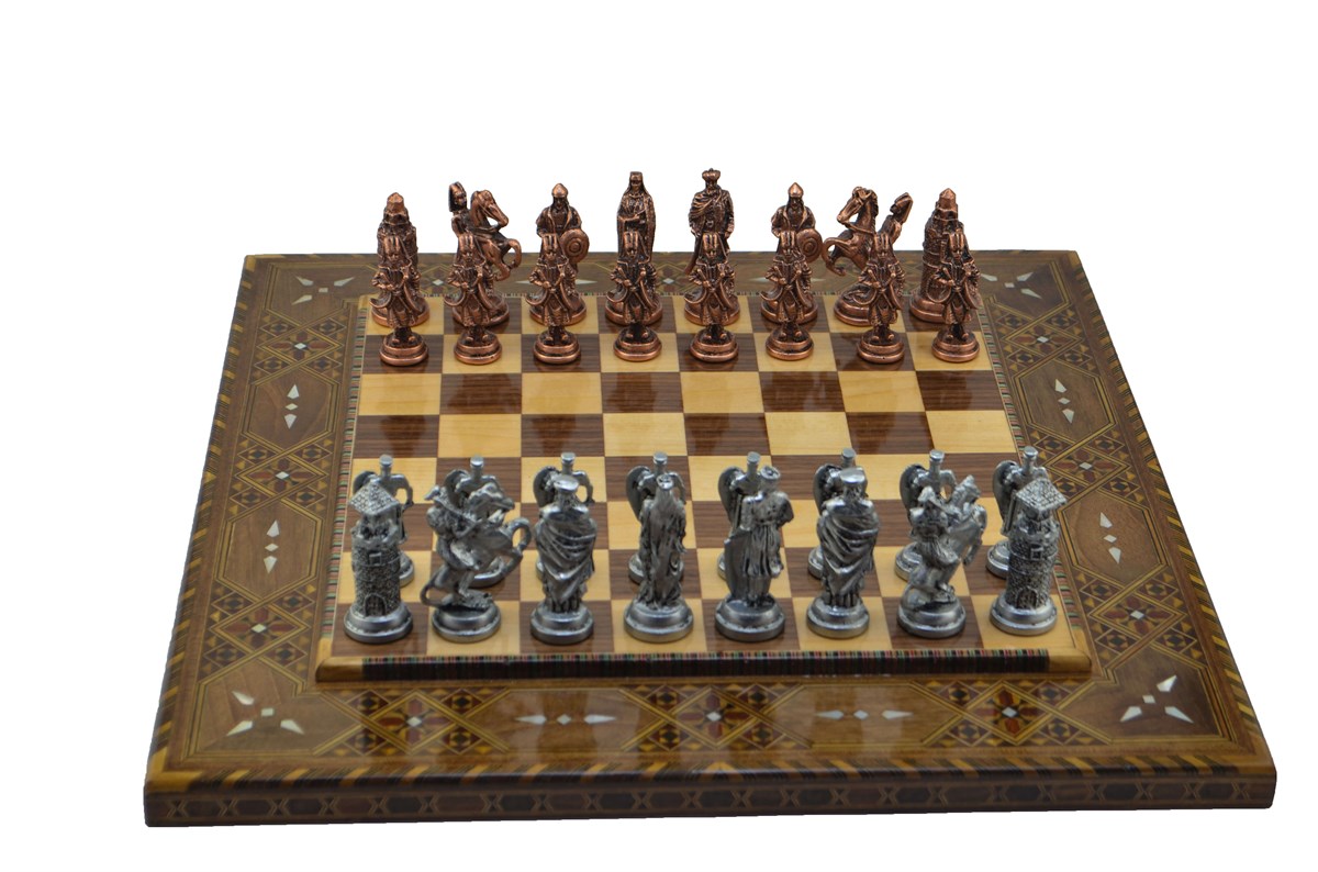 Gifthome Metal Satranç Takımı/Seti;Battal,Osmanlı&Bizans,Antik,Sedefli,Düz Masif Satranç Tahtası