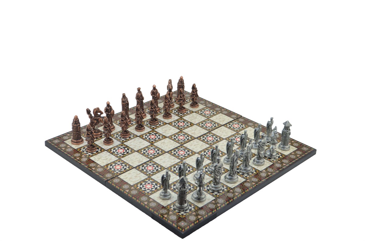 Gifthome Metal Satranç Takımı/Seti;Battal,Osmanlı&Bizans,Antik, Kat.Sedef Desenli Satranç Tahtası