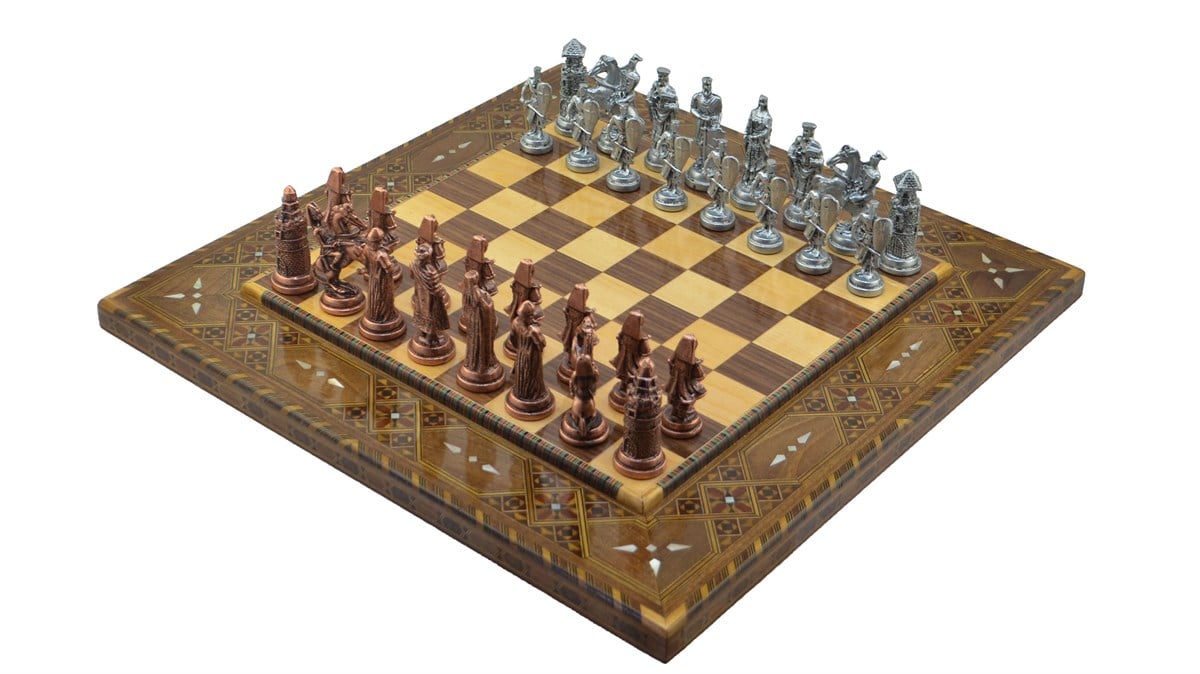 Gifthome Metal Satranç Takımı/Seti;Battal,Osmanlı&Bizans,Antik,Sedefli,Düz Masif Satranç Tahtası