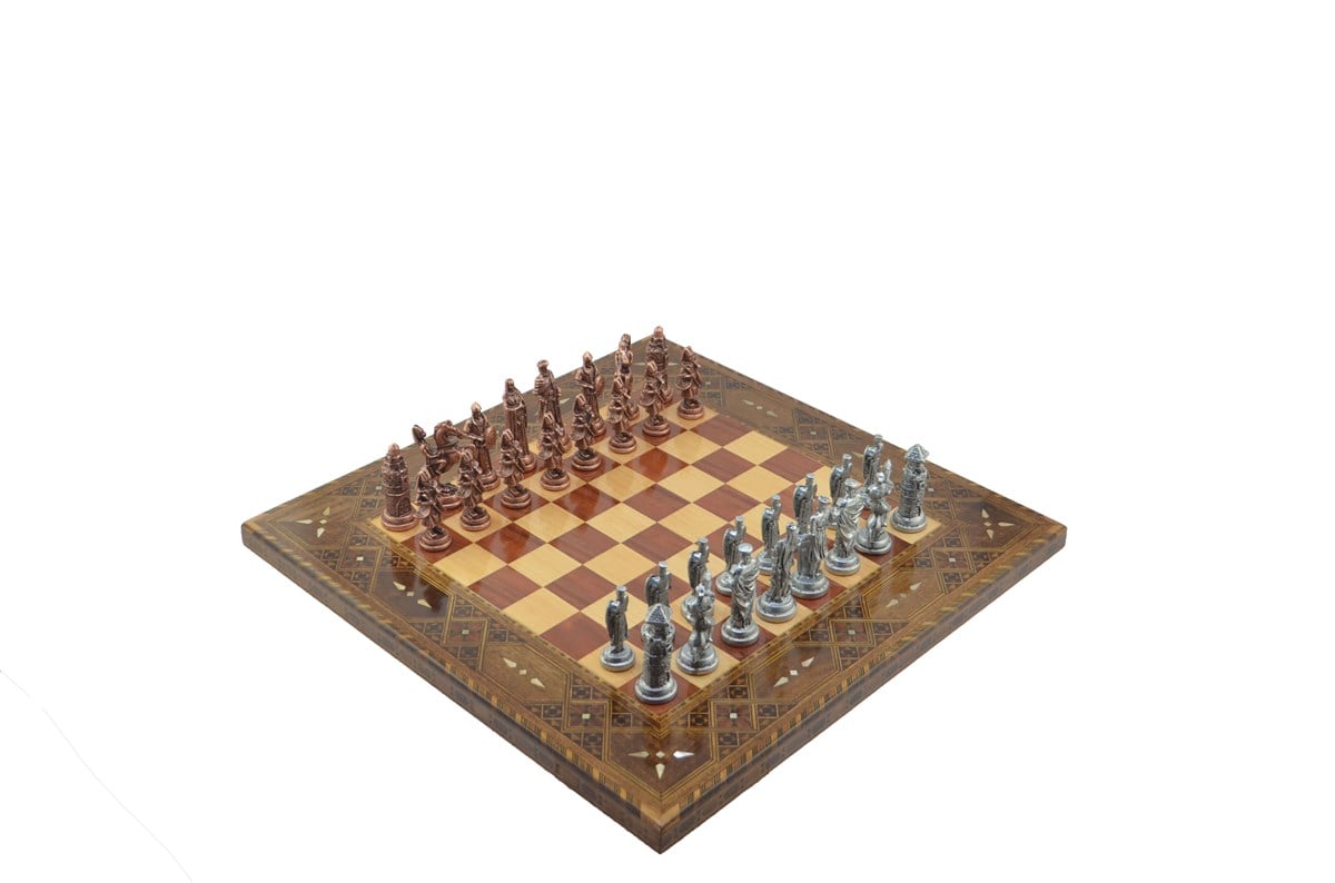 Gifthome Metal Satranç Takımı/Seti;Battal,Osmanlı&Bizans,Antik,Sedef,Gül,Düz Masif Satranç Tahtası