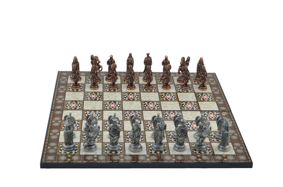 Gifthome Metal Satranç Takımı/Seti;Battal,Osmanlı&Bizans,Antik, Kat.Sedef Desenli Satranç Tahtası