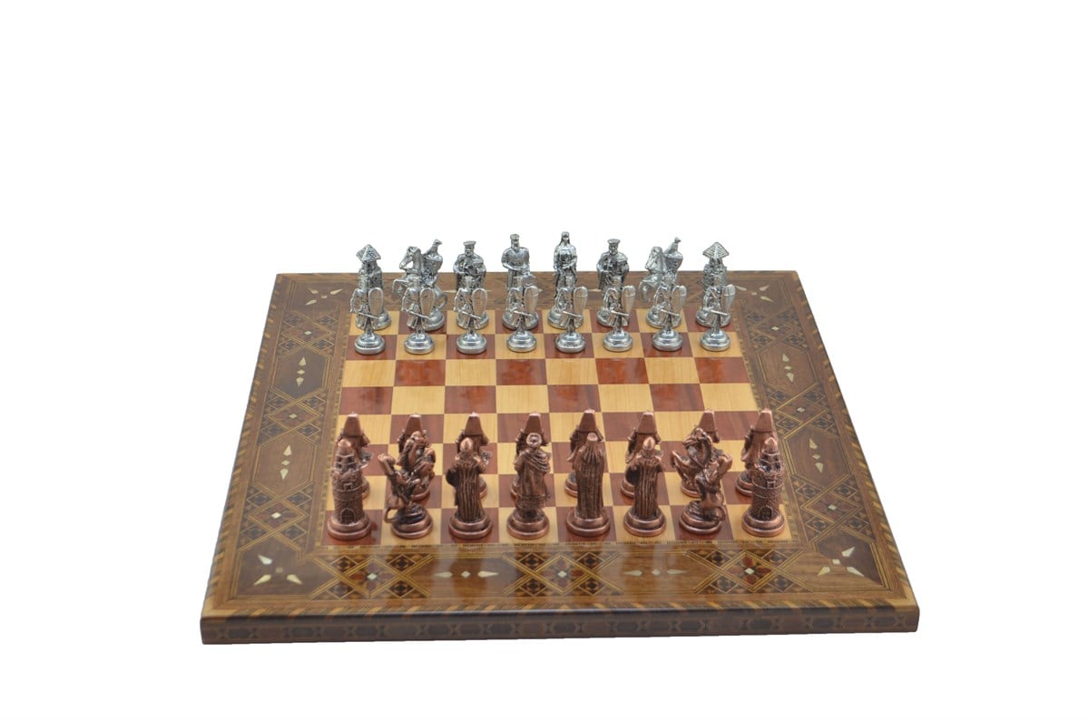 Gifthome Metal Satranç Takımı/Seti;Battal,Osmanlı&Bizans,Antik,Sedef,Gül,Düz Masif Satranç Tahtası