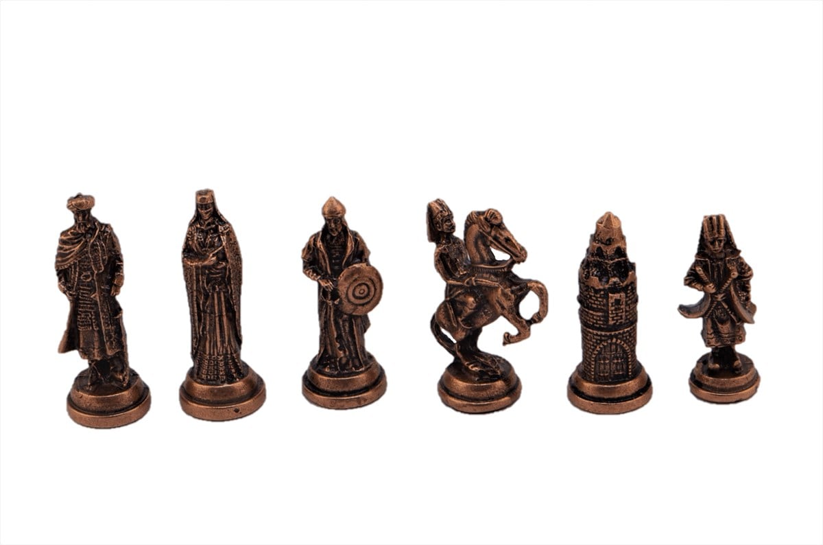 Gifthome Metal Satranç Takımı/Seti;Battal,Osmanlı&Bizans,Antik,Kat.Mermer Desenli Satranç Tahtası
