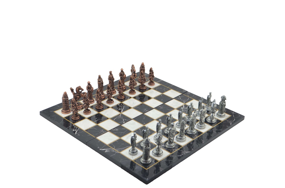 Gifthome Metal Satranç Takımı/Seti;Battal,Osmanlı&Bizans,Antik,Kat.Mermer Desenli Satranç Tahtası