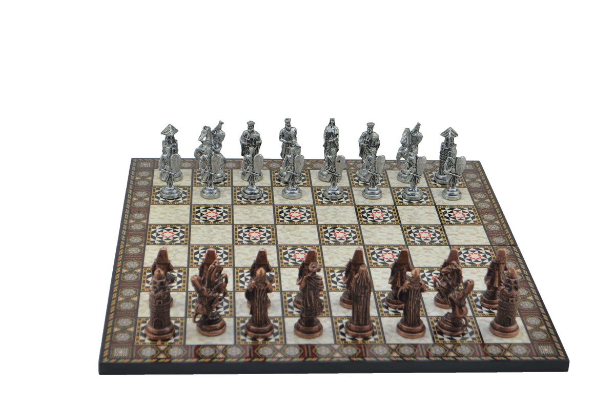 Gifthome Metal Satranç Takımı/Seti;Battal,Osmanlı&Bizans,Antik, Kat.Sedef Desenli Satranç Tahtası