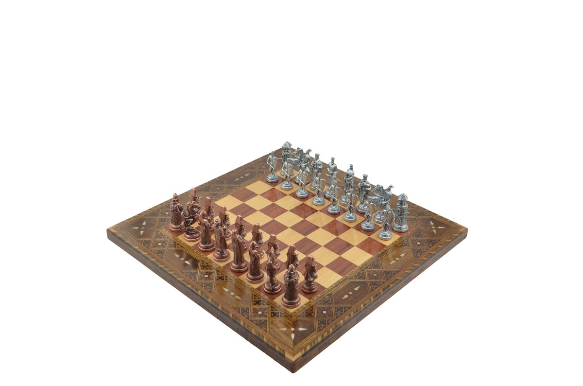 Gifthome Metal Satranç Takımı/Seti;Battal,Osmanlı&Bizans,Antik,Sedef,Gül,Düz Masif Satranç Tahtası