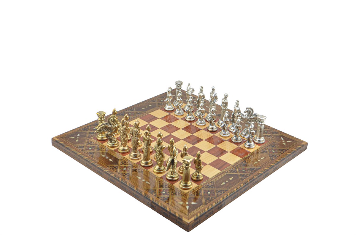 Gifthome Metal Satranç Takımı/Seti;Battal,Pegasus,Parlak,Sedefli,Gül, Düz Masif Satranç Tahtası