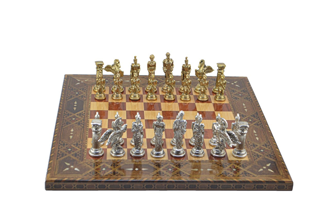 Gifthome Metal Satranç Takımı/Seti;Battal,Pegasus,Parlak,Sedefli,Gül, Düz Masif Satranç Tahtası