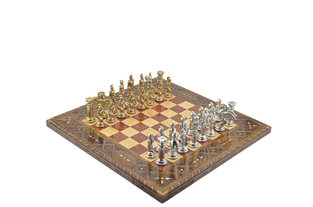 Gifthome Metal Satranç Takımı/Seti;Battal,Pegasus,Parlak,Sedefli,Gül, Düz Masif Satranç Tahtası