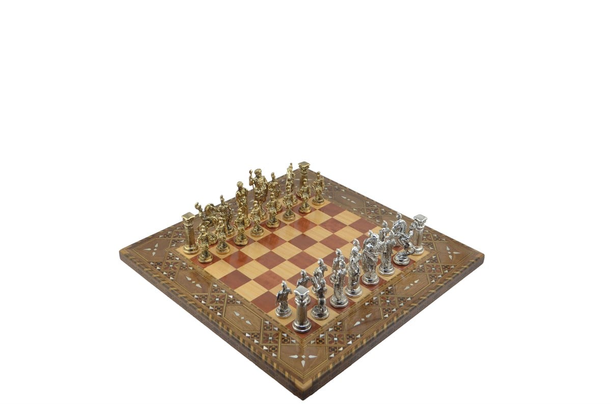 Gifthome Metal Satranç Takımı/Seti;Battal,Roma,Antik,Sedefli,Gül,Düz Masif Satranç Tahtası