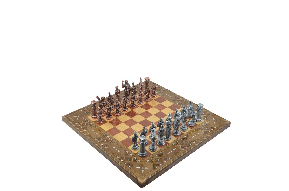 Gifthome Metal Satranç Takımı/Seti;Battal,Roma,Antik,Sedefli,Gül, Düz Masif Satranç Tahtası