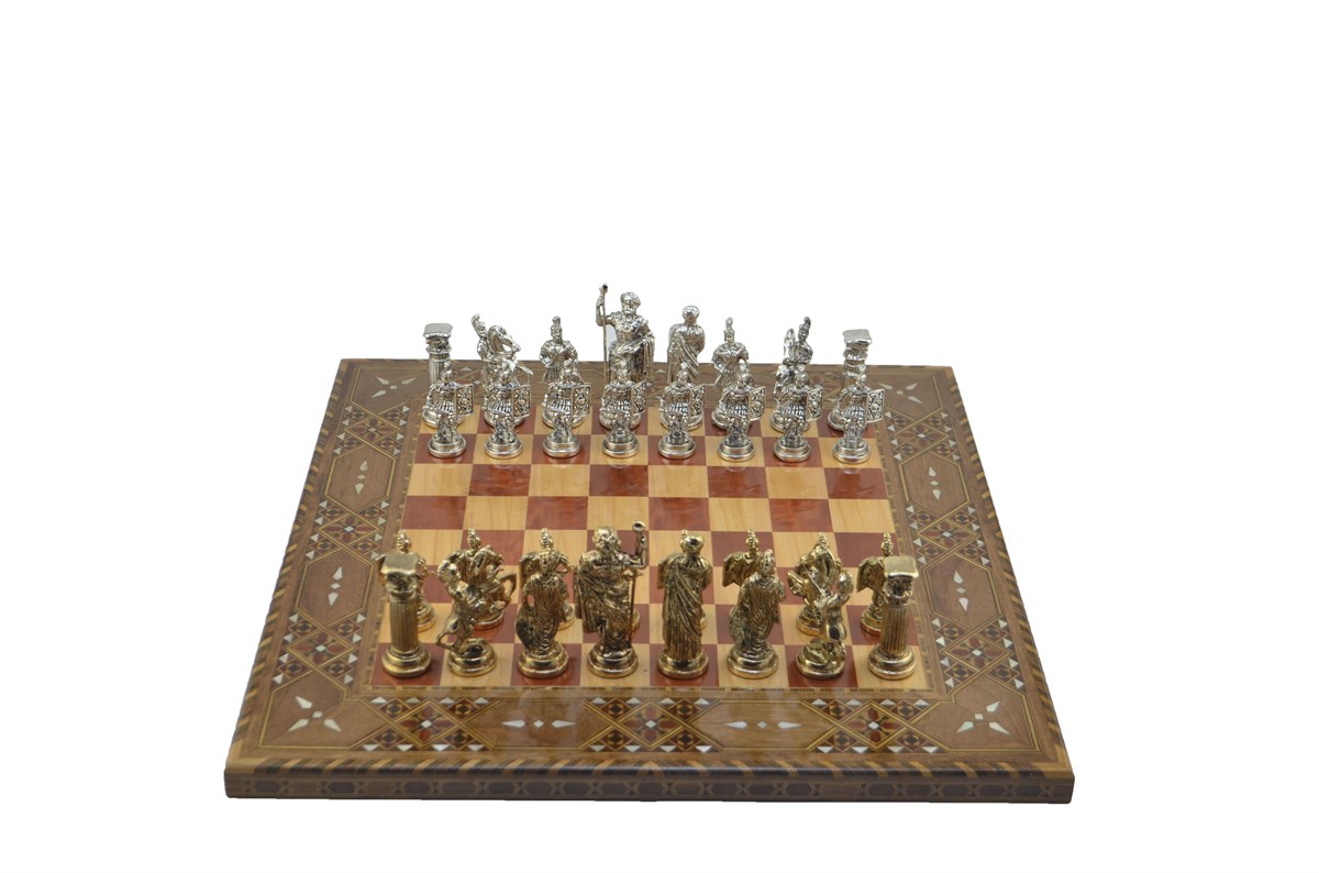 Gifthome Metal Satranç Takımı/Seti;Battal,Roma,Antik,Sedefli,Gül,Düz Masif Satranç Tahtası