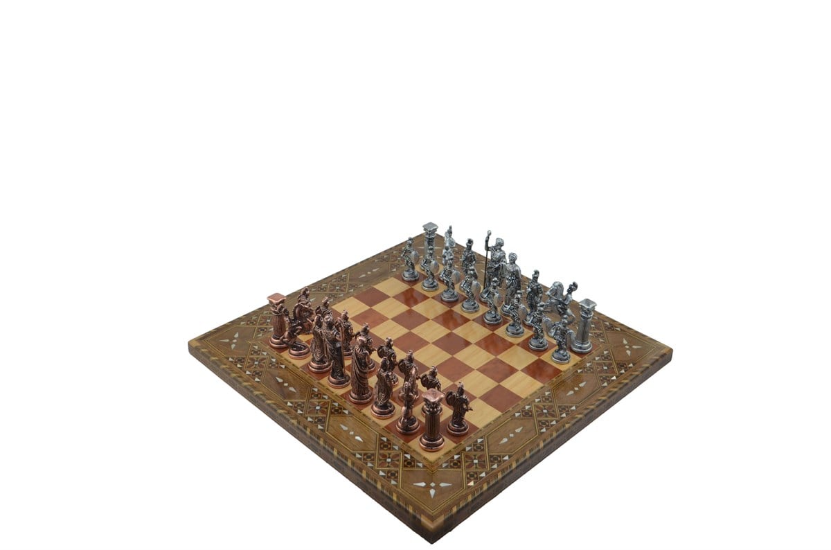 Gifthome Metal Satranç Takımı/Seti;Battal,Roma,Antik,Sedefli,Gül, Düz Masif Satranç Tahtası