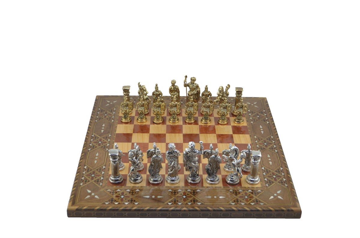 Gifthome Metal Satranç Takımı/Seti;Battal,Roma,Antik,Sedefli,Gül,Düz Masif Satranç Tahtası