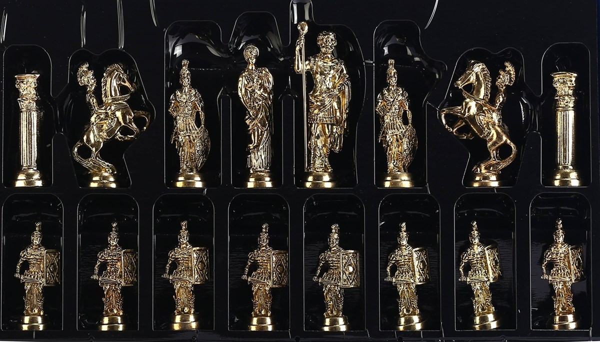 Gifthome Metal Satranç Takımı/Seti;Battal,Roma,Parlak,Ceviz, Düz Masif Satranç Tahtası