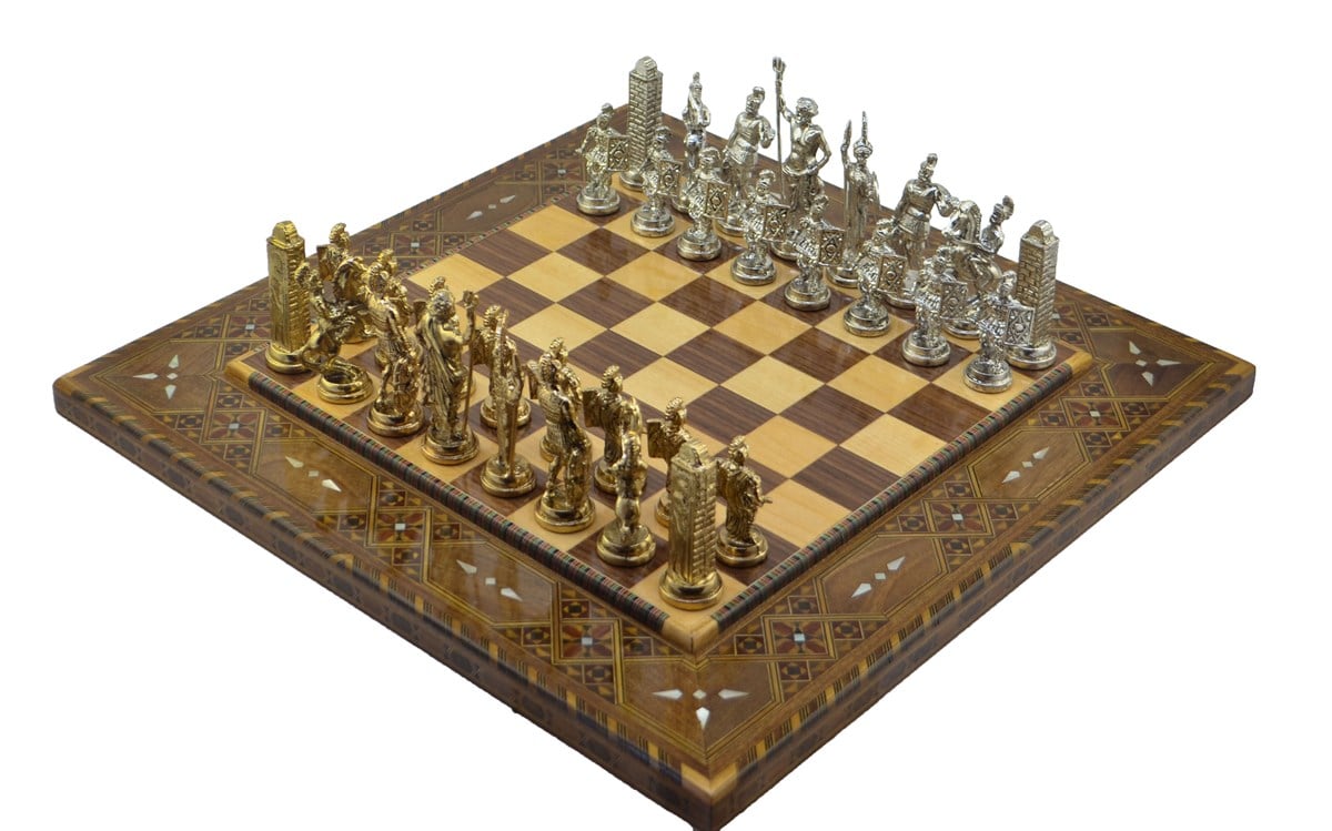 Gifthome Metal Satranç Takımı/Seti;Battal,Yunan ,Parlak Taş ve Sedefli,Düz Masif Satranç Tahtası