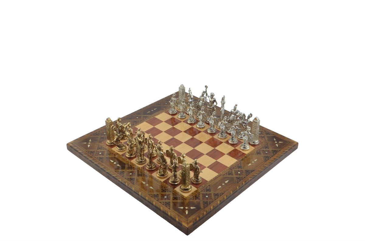 Gifthome Metal Satranç Takımı/Seti;Battal,Yunan,Parlak ve Sedefli,Gül Düz Masif Satranç Tahtası