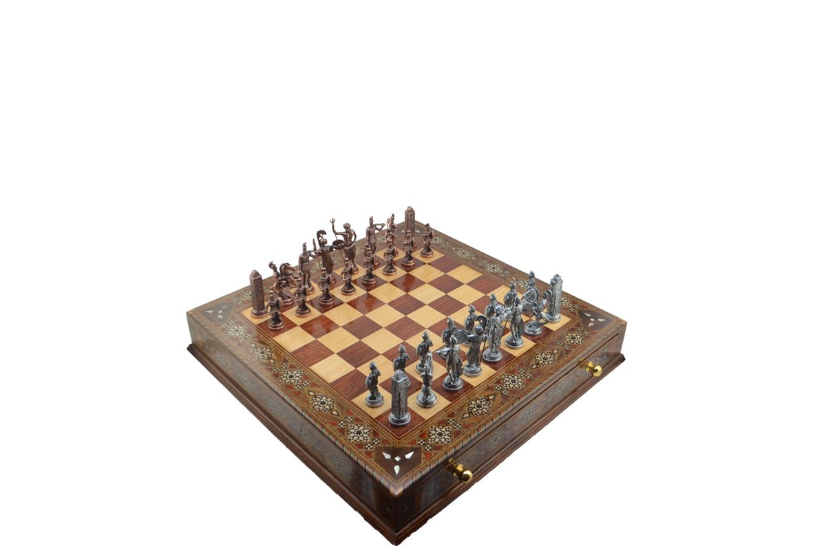 Gifthome Metal Satranç Takımı/Seti;Battal,Yunan,Antik,Sedefli,Ceviz ,Çekm. Satranç Tahtası 