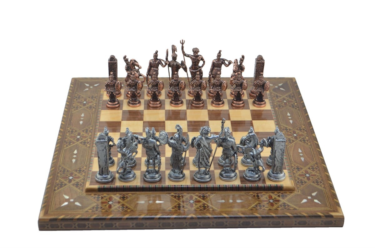 Gifthome Metal Satranç Takımı/Seti;Battal,Yunan ,Antik Taş ve Sedefli,Düz Masif Satranç Tahtası