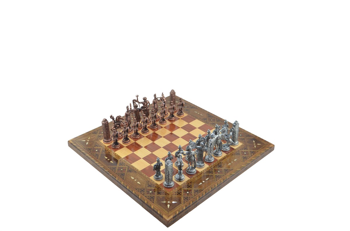 Gifthome Metal Satranç Takımı/Seti;Battal,Yunan,Antik Taş ve Sedefli,Gül Düz Masif Satranç Tahtası