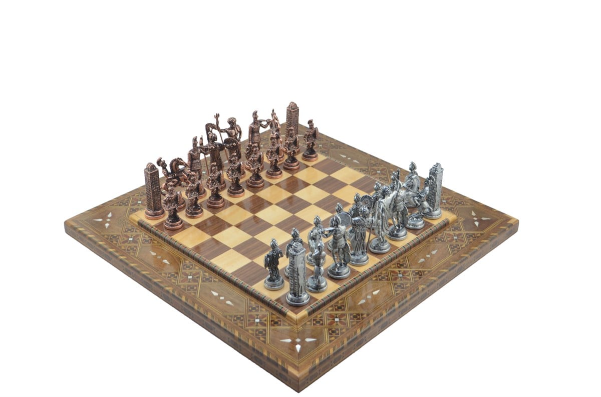 Gifthome Metal Satranç Takımı/Seti;Battal,Yunan ,Antik Taş ve Sedefli,Düz Masif Satranç Tahtası
