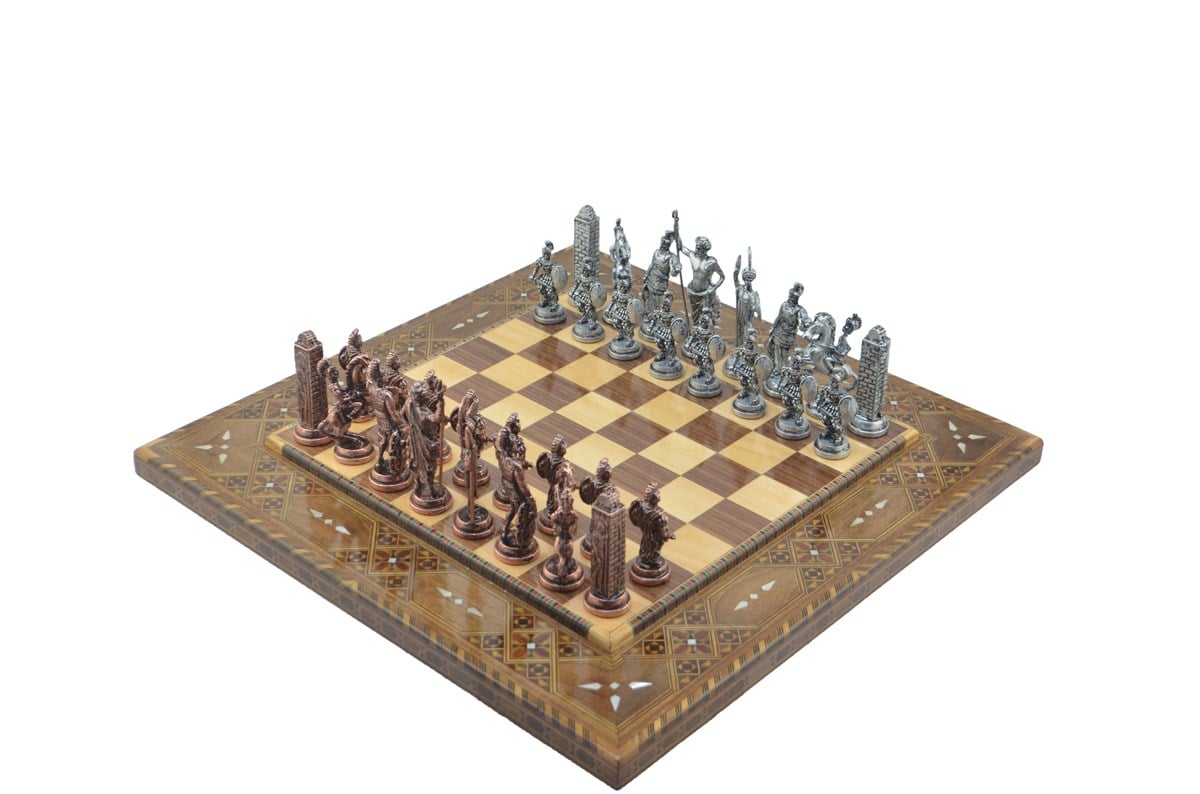 Gifthome Metal Satranç Takımı/Seti;Battal,Yunan ,Antik Taş ve Sedefli,Düz Masif Satranç Tahtası