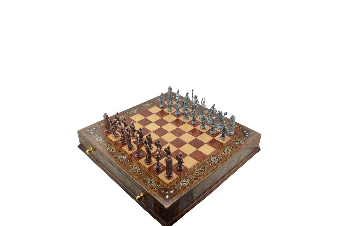 Gifthome Metal Satranç Takımı/Seti;Battal,Yunan,Antik,Sedefli,Ceviz ,Çekm. Satranç Tahtası 