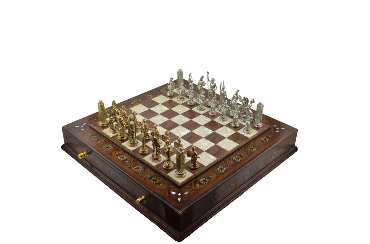 Gifthome Metal Satranç Takımı/Seti;Battal,Yunan,Parlak,Sedefli,K.Ceviz,Çekm.Satranç Tahtası