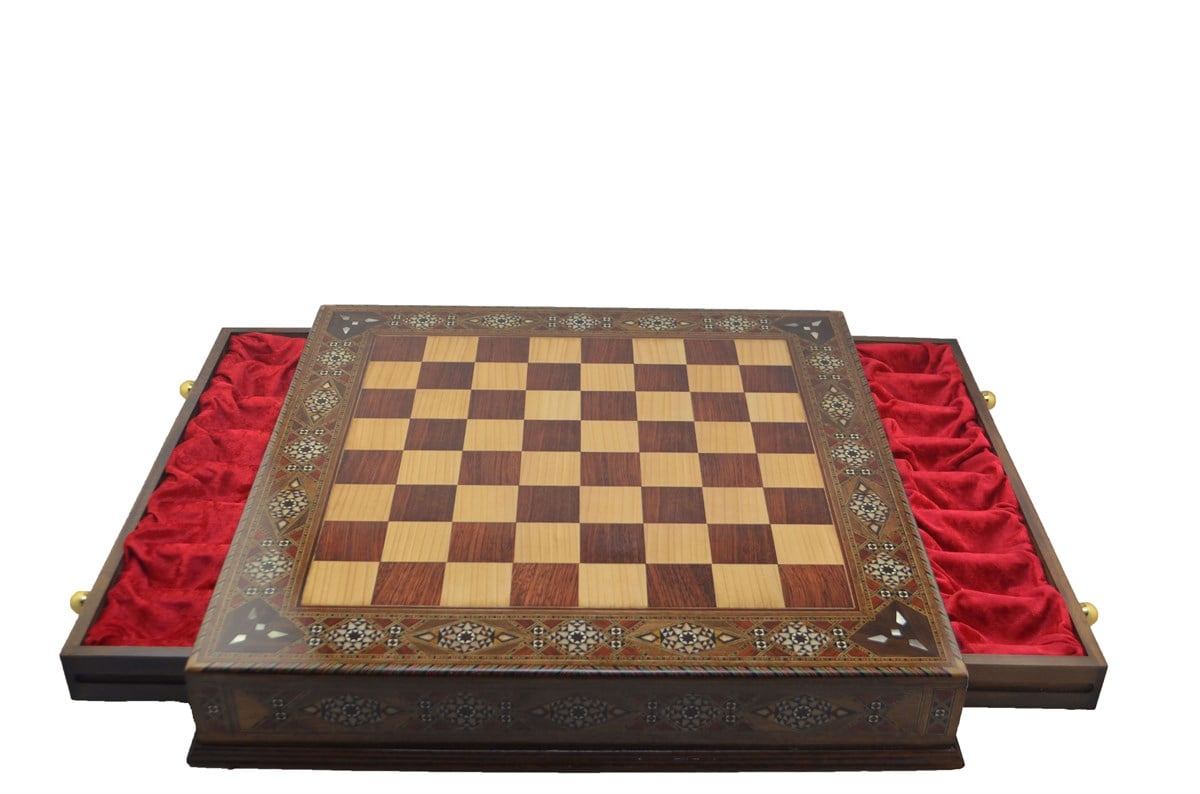 Gifthome Metal Satranç Takımı/Seti;Battal,Yunan,Antik,Sedefli,Ceviz ,Çekm. Satranç Tahtası 