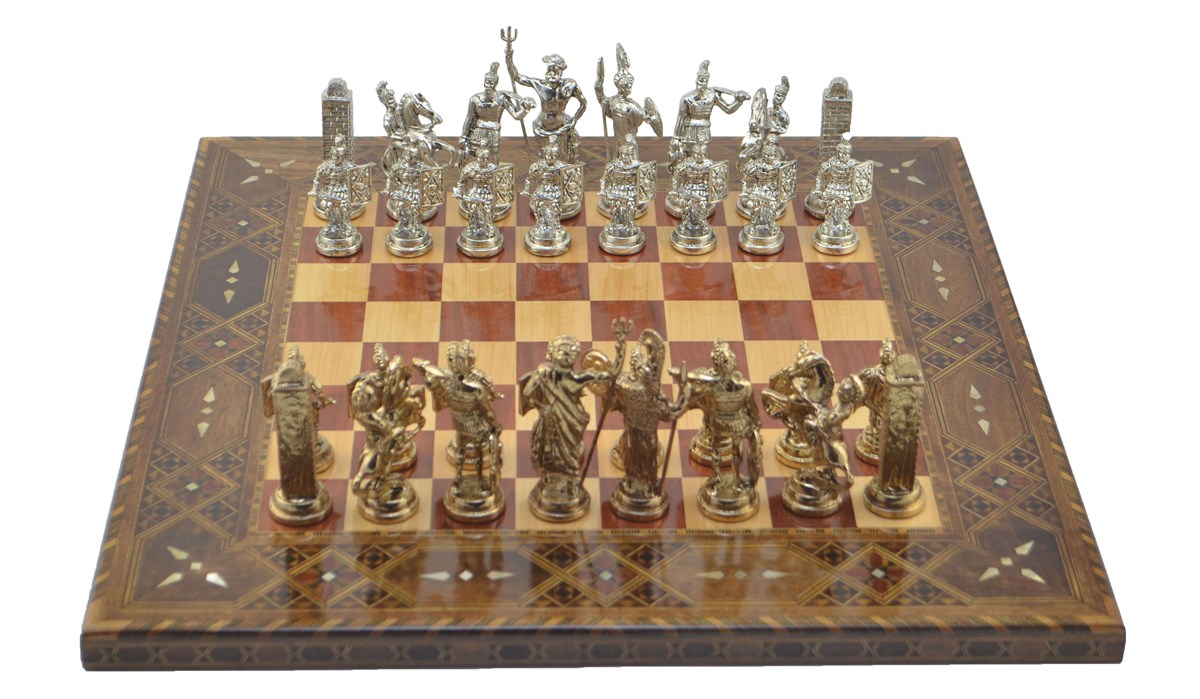 Gifthome Metal Satranç Takımı/Seti;Battal,Yunan,Parlak ve Sedefli,Gül Düz Masif Satranç Tahtası