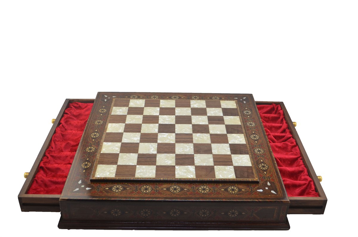 Gifthome Metal Satranç Takımı/Seti;Battal,Yunan,Antik,Sedefli,K.Ceviz ,Çekm. Satranç Tahtası 