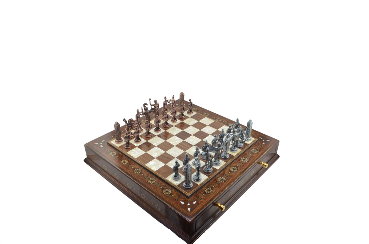 Gifthome Metal Satranç Takımı/Seti;Battal,Yunan,Antik,Sedefli,K.Ceviz ,Çekm. Satranç Tahtası 