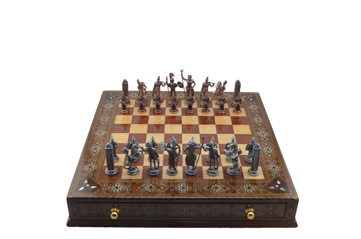 Gifthome Metal Satranç Takımı/Seti;Battal,Yunan,Antik,Sedefli,Ceviz ,Çekm. Satranç Tahtası 