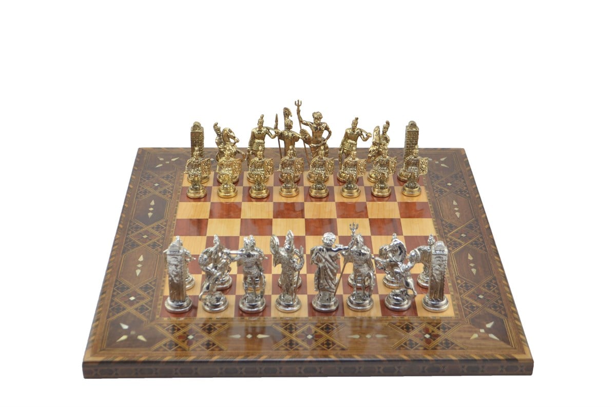 Gifthome Metal Satranç Takımı/Seti;Battal,Yunan,Parlak ve Sedefli,Gül Düz Masif Satranç Tahtası