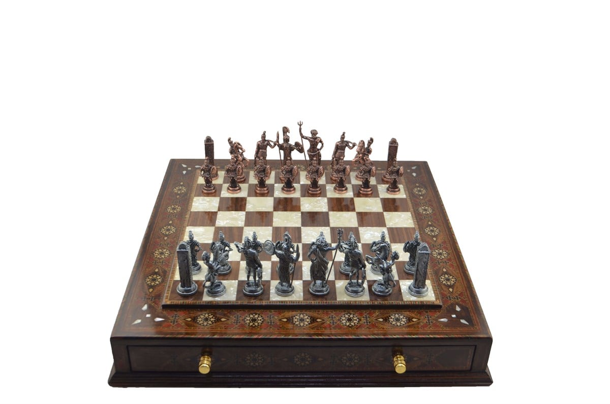Gifthome Metal Satranç Takımı/Seti;Battal,Yunan,Antik,Sedefli,K.Ceviz ,Çekm. Satranç Tahtası 