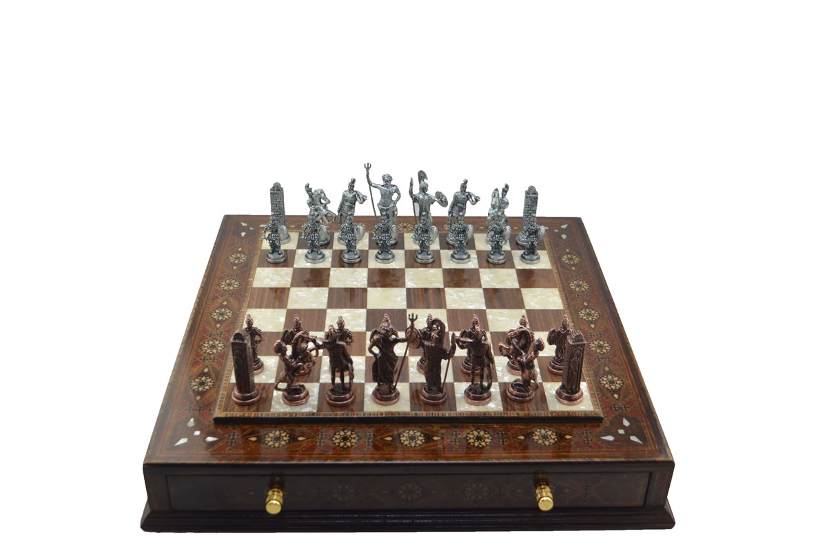 Gifthome Metal Satranç Takımı/Seti;Battal,Yunan,Antik,Sedefli,K.Ceviz ,Çekm. Satranç Tahtası 
